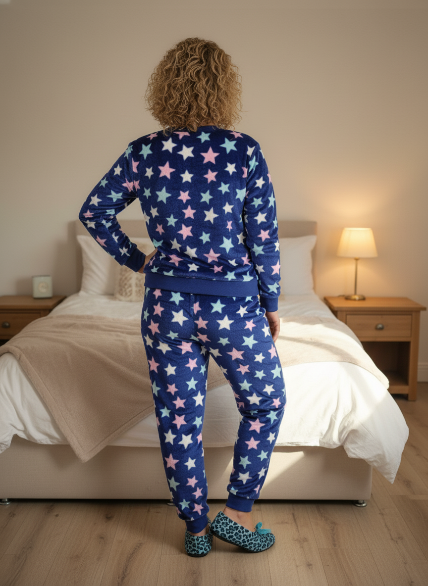 LACEY Navy Blue Stars Cuffed fluff Lounge Wear Set