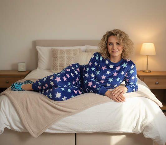 LACEY Navy Blue Stars Cuffed fluff Lounge Wear Set