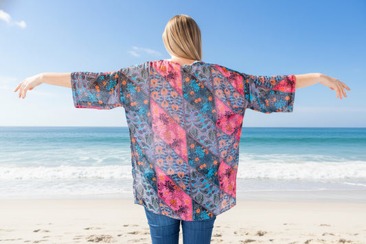 Multi coloured Pink & Blue Floral Sunset original Open Kaftan