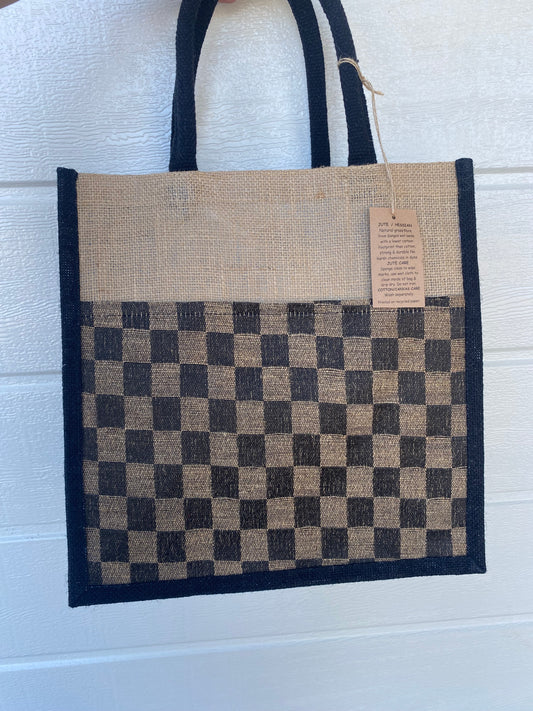 Large Black Checkered Pattern Luxe Tote Bag- Strong & Durable