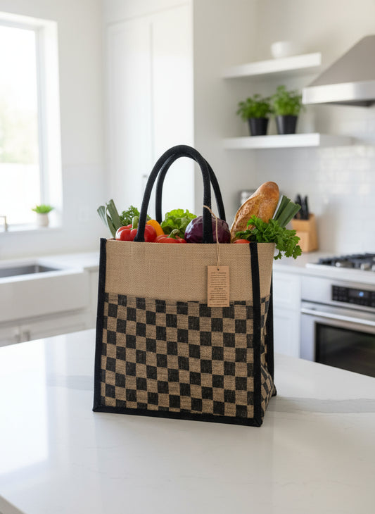 Large Black Checkered Pattern Luxe Tote Bag- Strong & Durable
