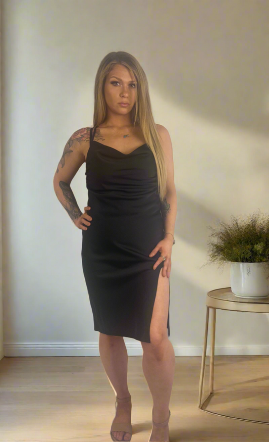 MILIE Black Silky Strappy side Split MIDI Dress