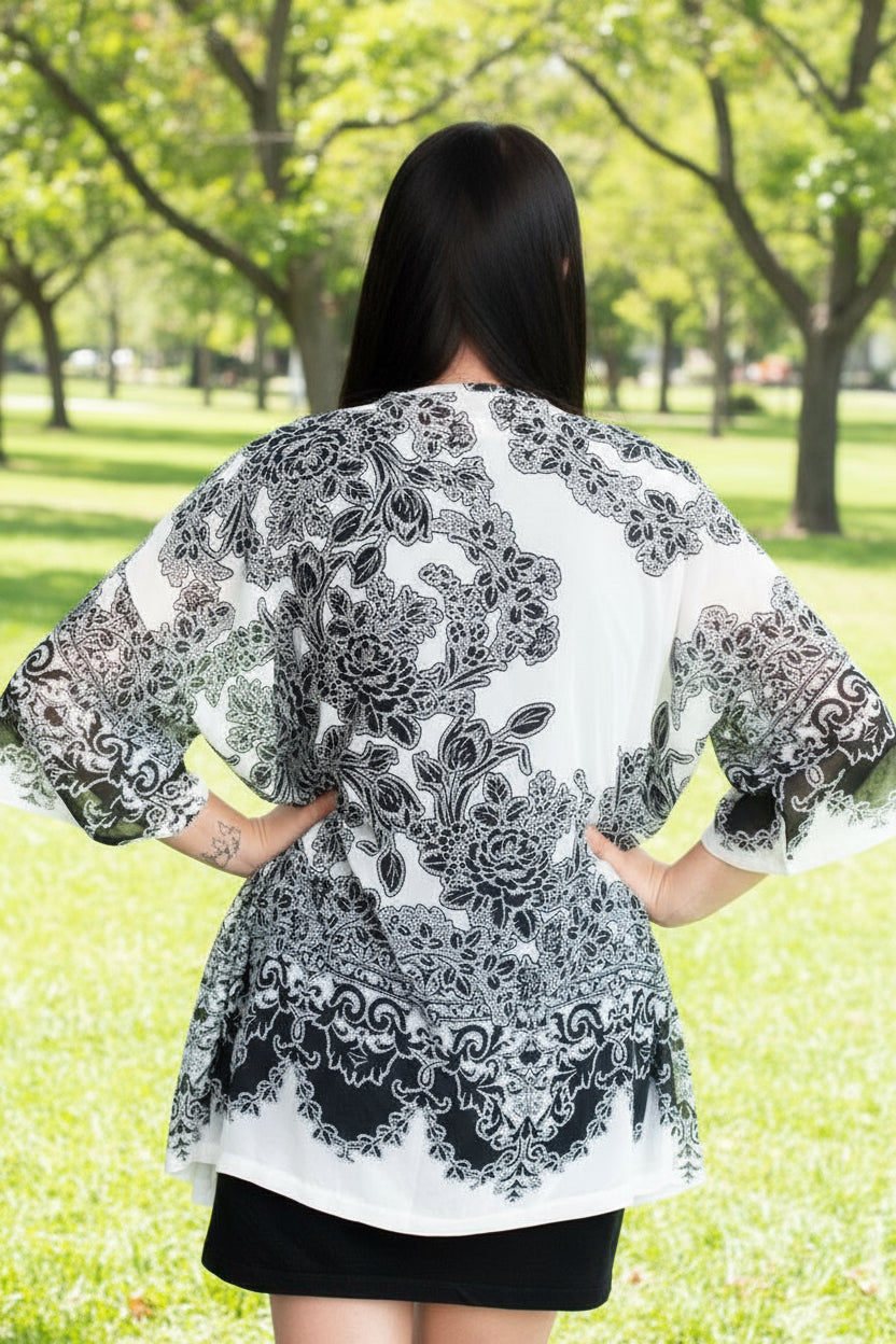 Floral Garden of Dreams Blk & White original Open Kaftan