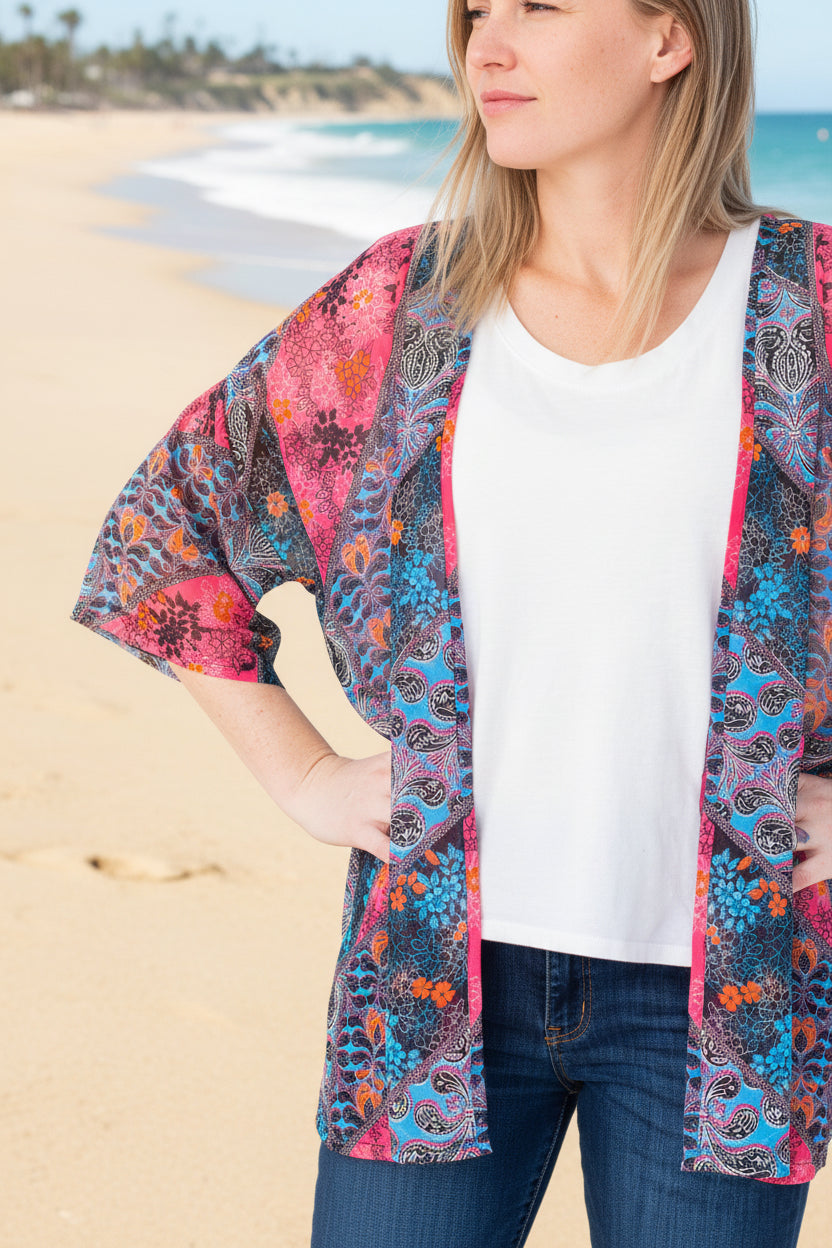 Multi coloured Pink & Blue Floral Sunset original Open Kaftan
