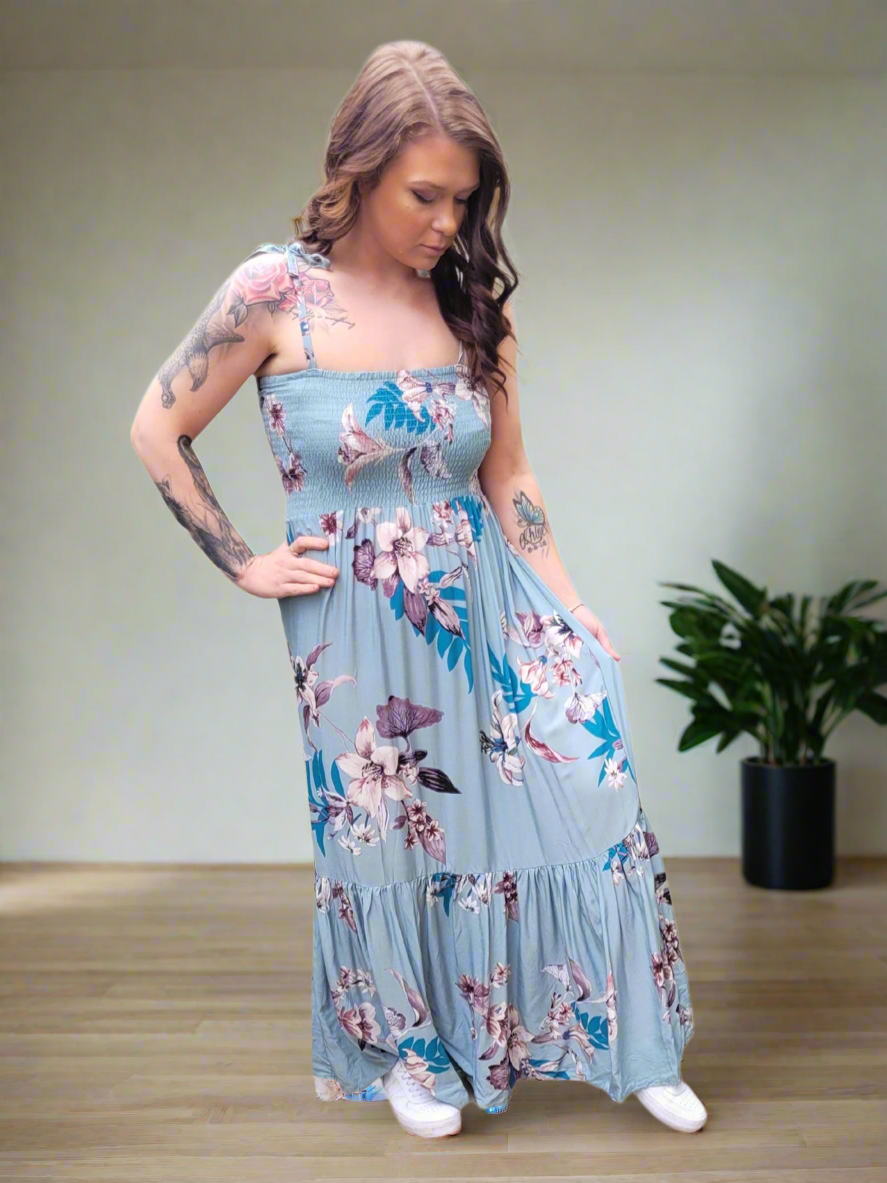 SAYLOR floral Tye Up Maxi tiered Dress 3 colours- Dusty Blue, Dusty pink & Navy Blue