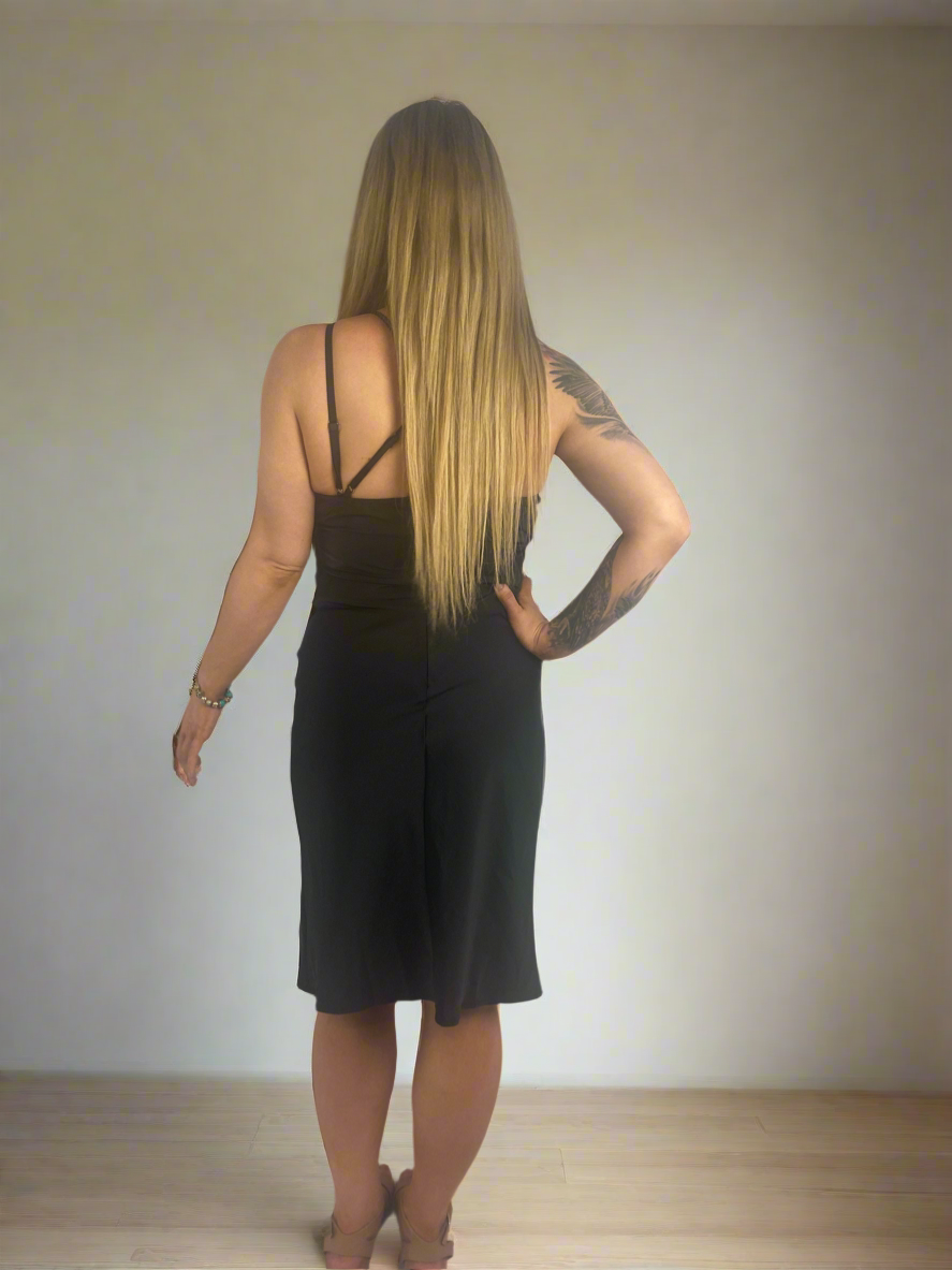 MILIE Black Silky Strappy side Split MIDI Dress
