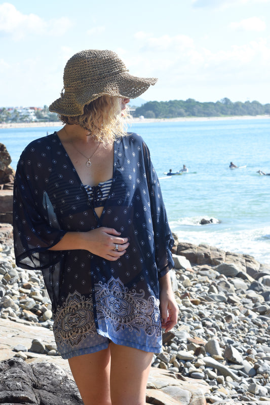 Dark blue & lilac Floral Dreams original Open Kaftan