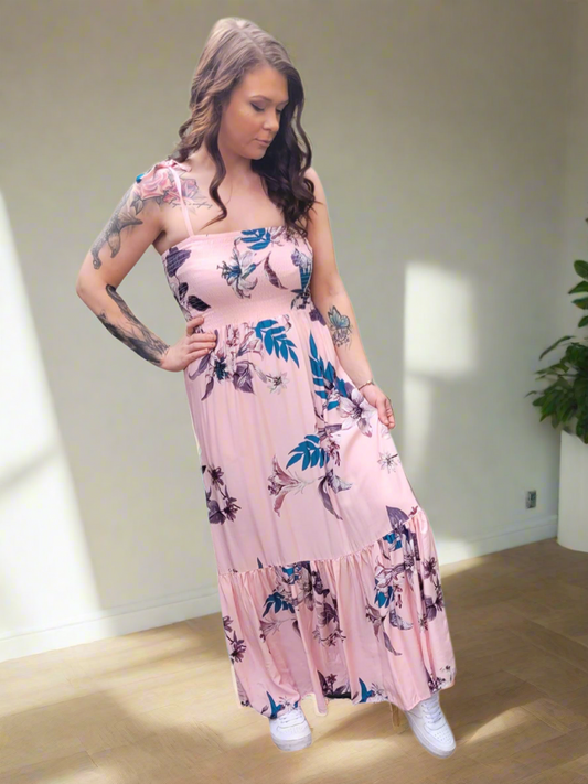 SAYLOR floral Tye Up Maxi tiered Dress 3 colours- Dusty Blue, Dusty pink & Navy Blue