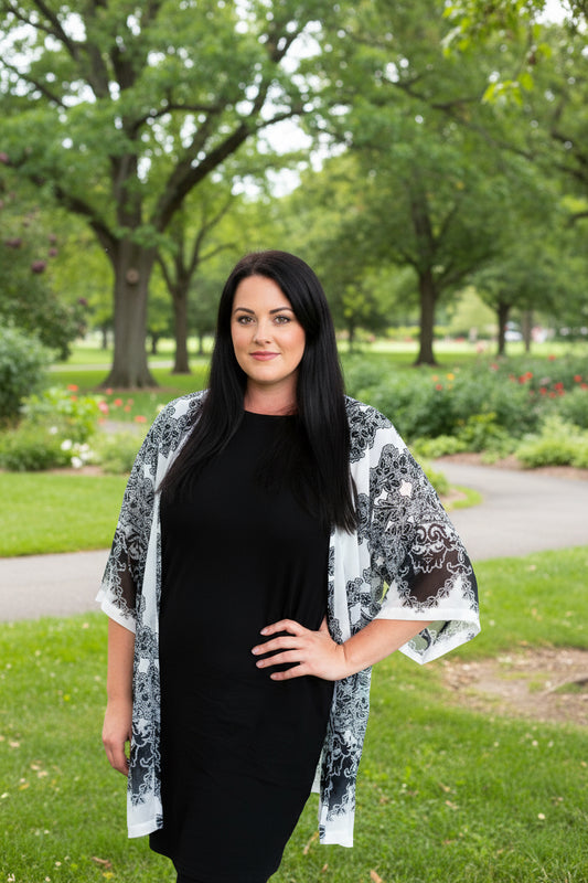 Floral Garden of Dreams Blk & White original Open Kaftan