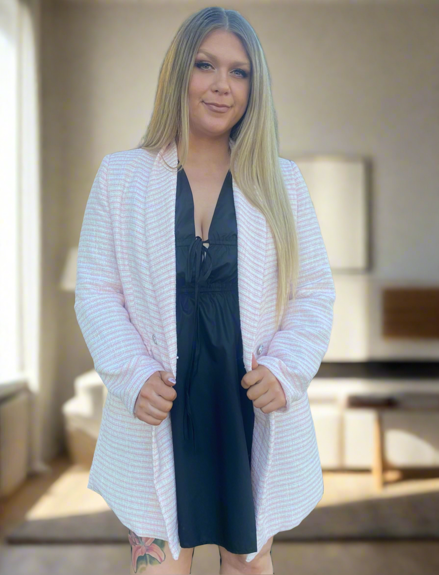 MIRANDER Baby Pink & White Long Line Jacket Blazer