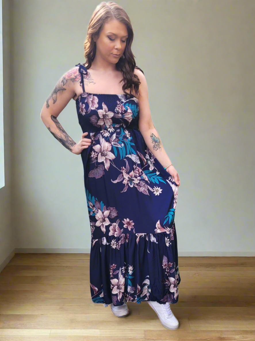 SAYLOR floral Tye Up Maxi tiered Dress 3 colours- Dusty Blue, Dusty pink & Navy Blue
