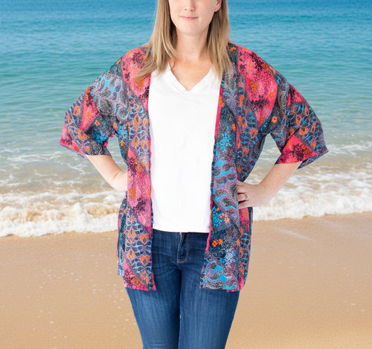 Multi coloured Pink & Blue Floral Sunset original Open Kaftan