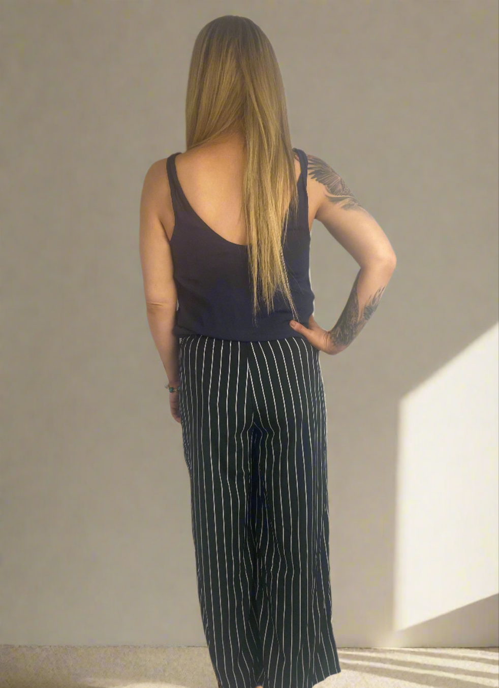 DEL Black and white stripe full Length High Waisted Pants