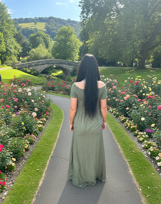 Olive Dreamer Off the Shoulder Maxi Dress
