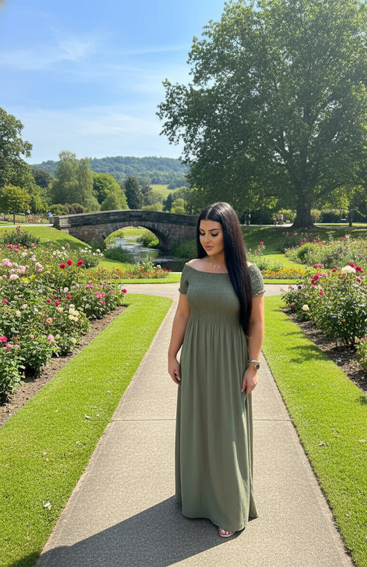 Olive Dreamer Off the Shoulder Maxi Dress