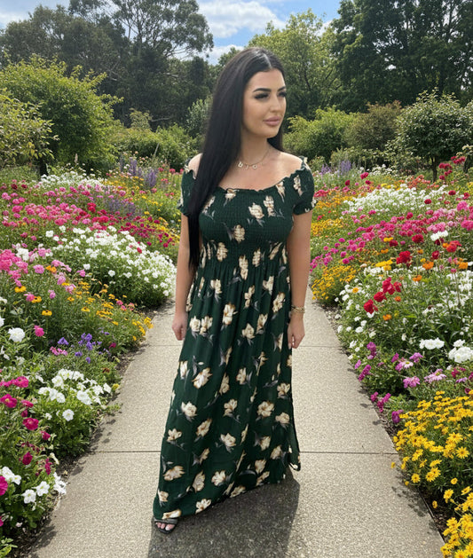 Enchanted Meadow Floral Maxi Off-Shoulder Dress