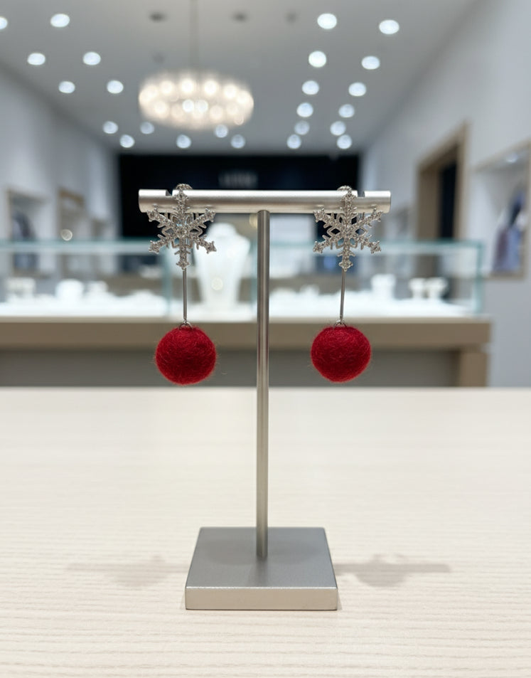 Red Pom Snowflake Drop Earrings Festive Dangles