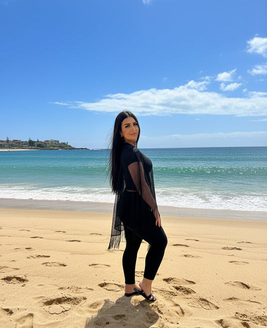 Black Shimmer Netted Kaftan Throwover Top