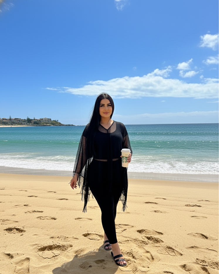 Black Shimmer Netted Kaftan Throwover Top