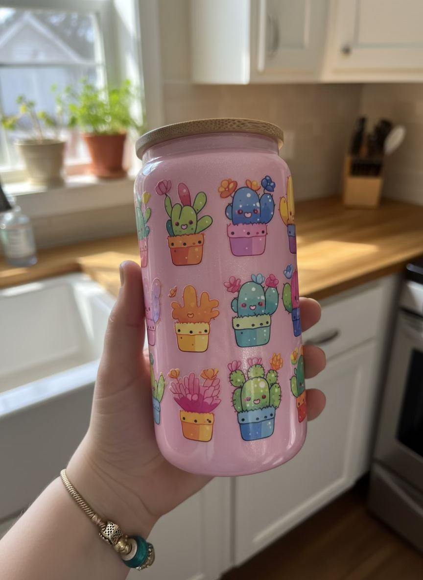 Glitter Pink Rainbow cactus Shimmer Cup Handmade Art Tumbler Glass