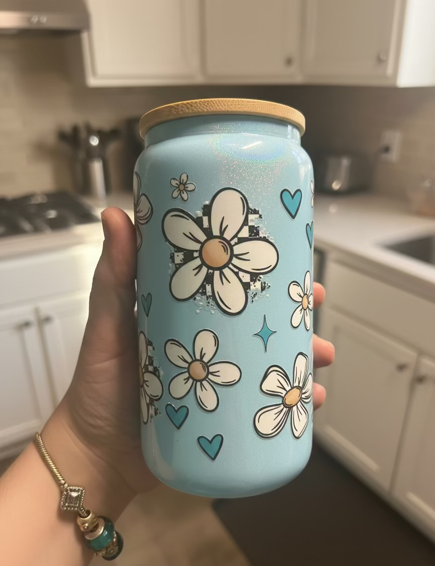 Glitter blue Baby Highland Cow Handmade Art Tumbler Glass