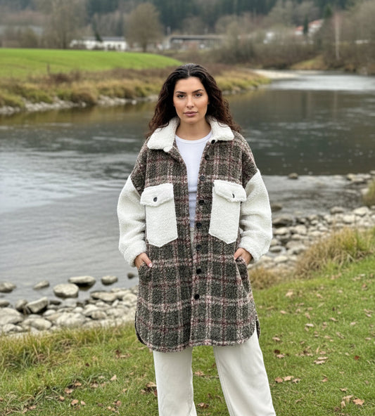 Khaki and White Fluffy Shacket Sweater