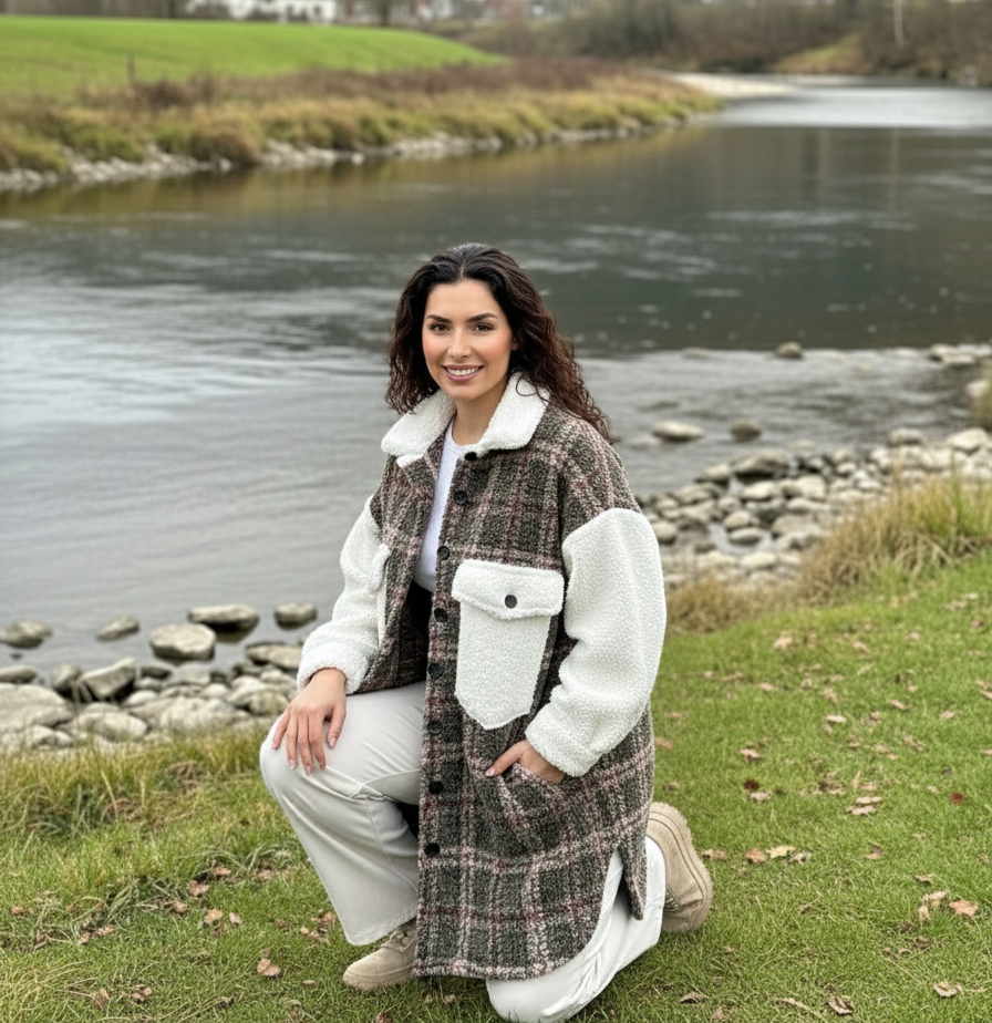 Khaki and White Fluffy Shacket Sweater