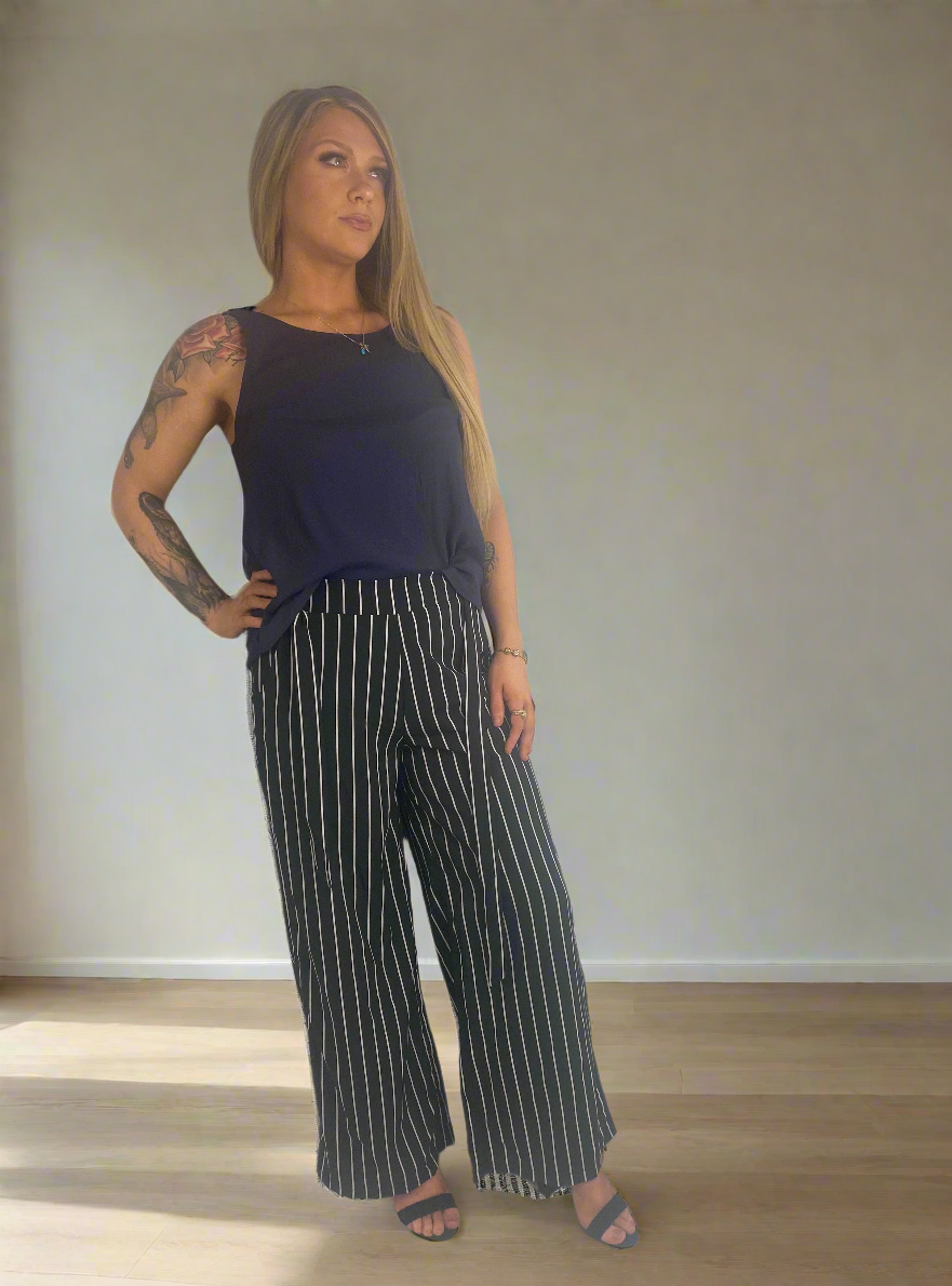 DEL Black and white stripe full Length High Waisted Pants