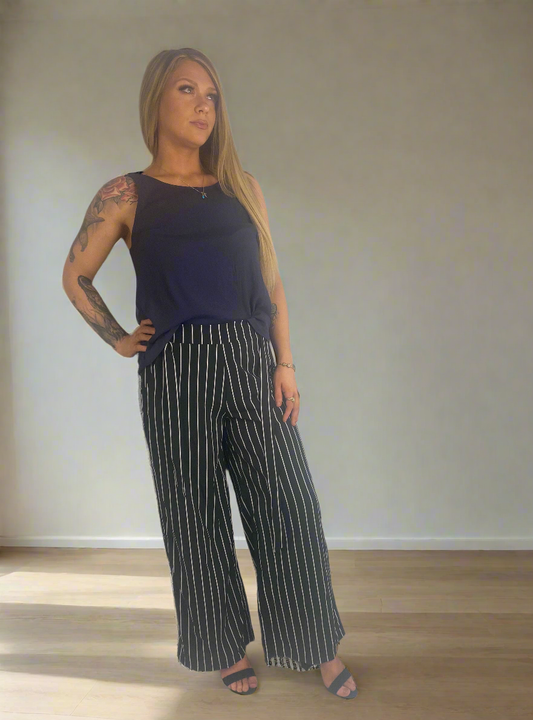 DEL Black and white stripe full Length High Waisted Pants