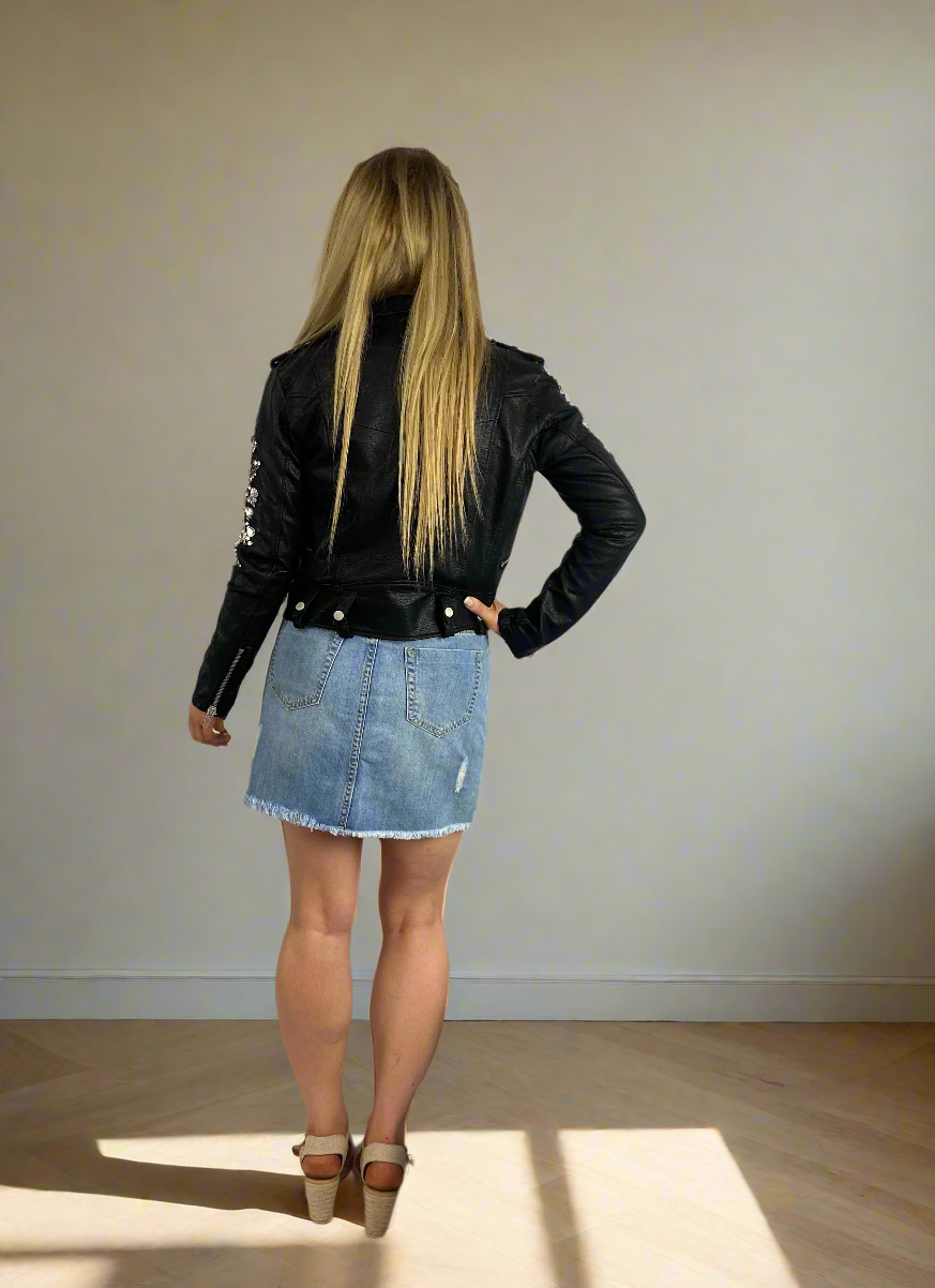 MICK Black Leather Jacket with Crystal Embellishments