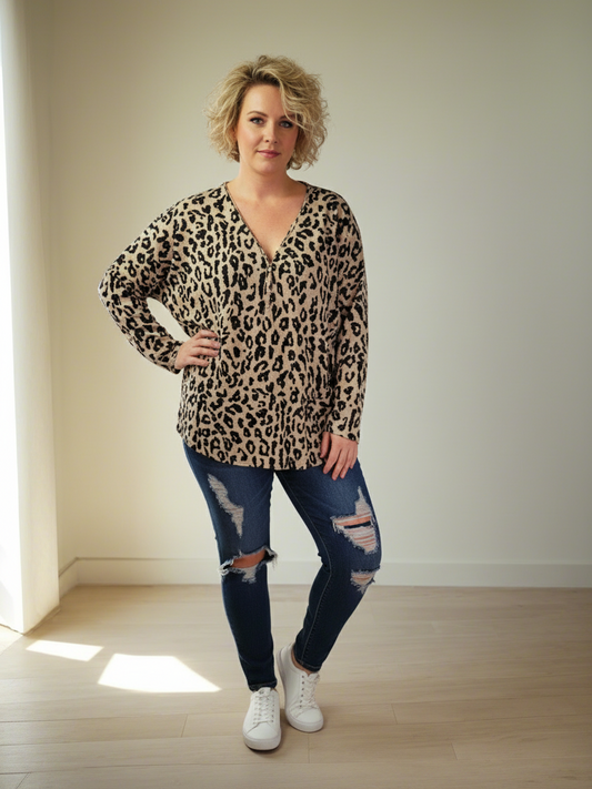 LEO Leopard Flowey Zip Long Sleeve Top