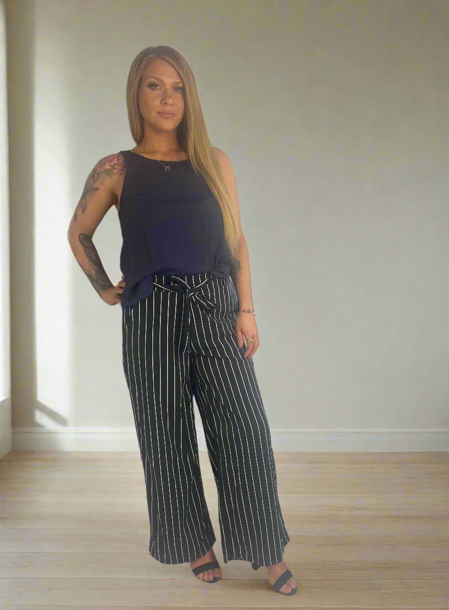 DEL Black and white stripe full Length High Waisted Pants
