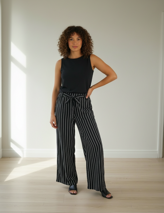 DEL Black and white stripe full Length High Waisted Pants