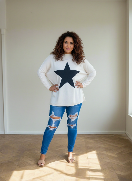 MEGHAN Cream Long Sleeve Black Star Top