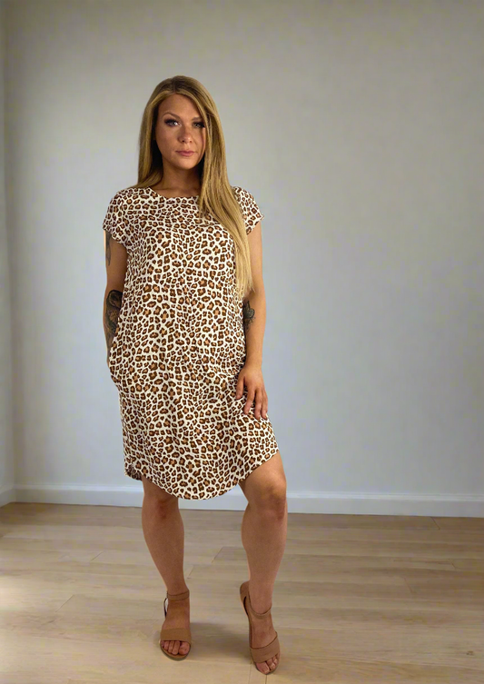ALANI Caramel Leopard Midi Dress