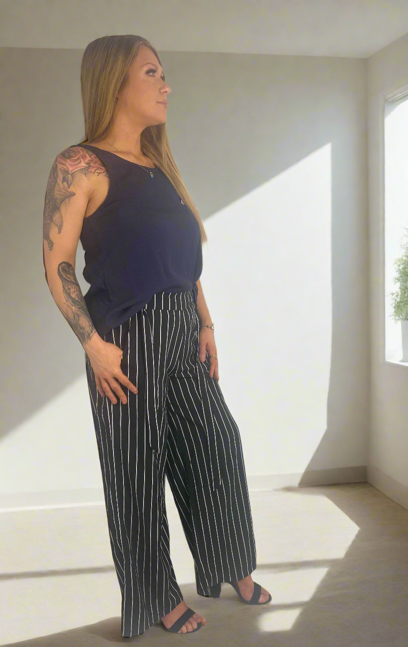 DEL Black and white stripe full Length High Waisted Pants