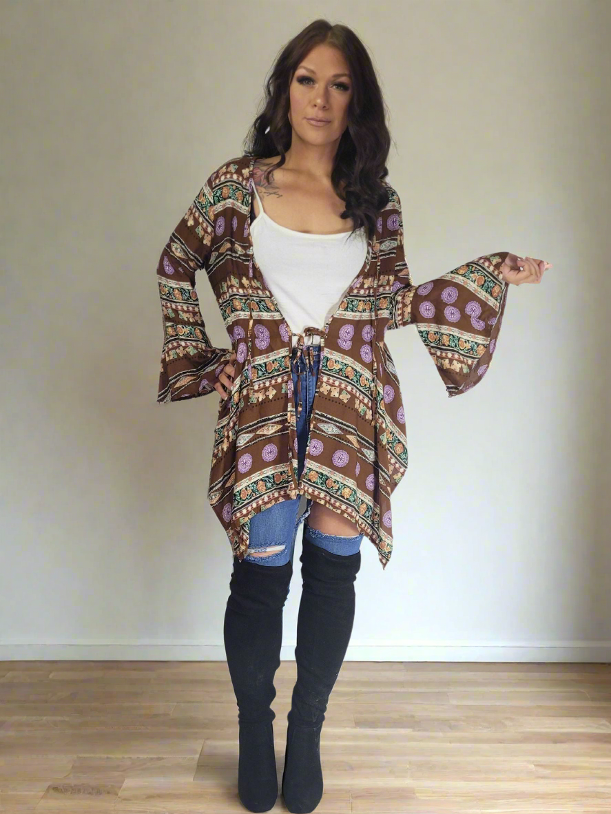 JAYLA Brown Boho Long sleeve top/Cardy