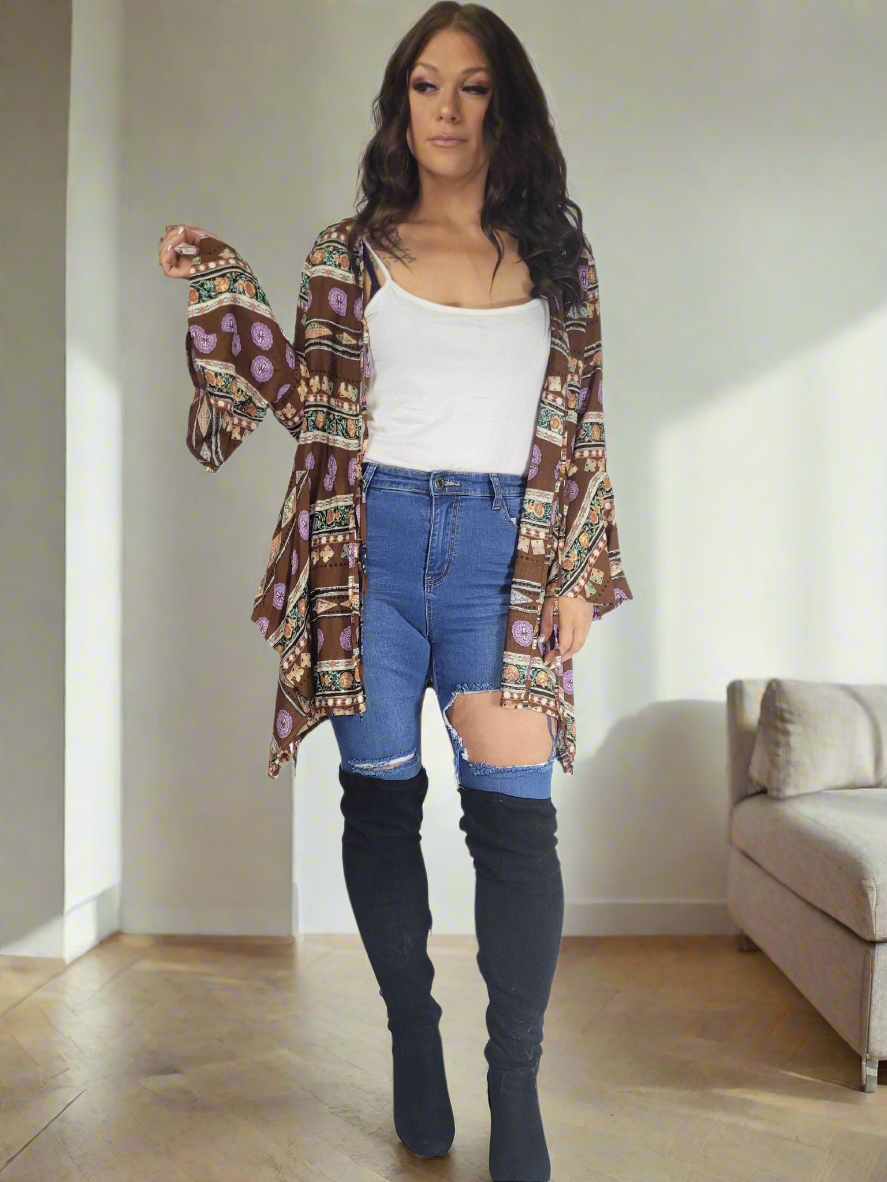 JAYLA Brown Boho Long sleeve top/Cardy