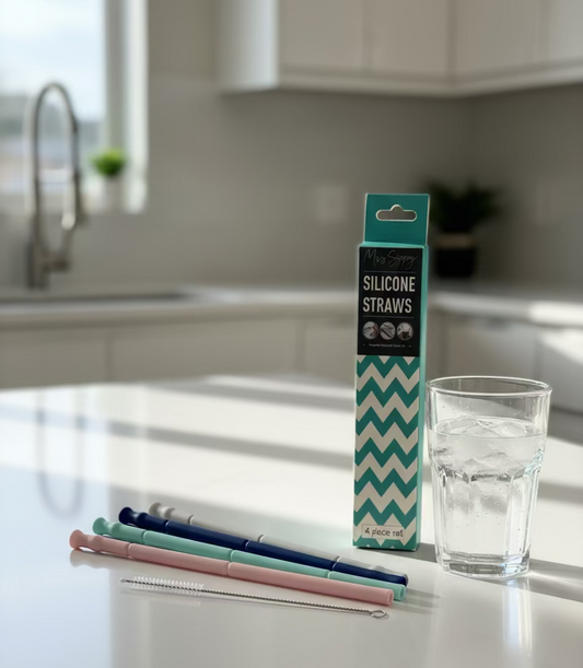 X4 Re-Useable Silicone Drinking Straws + Cleaner Brush