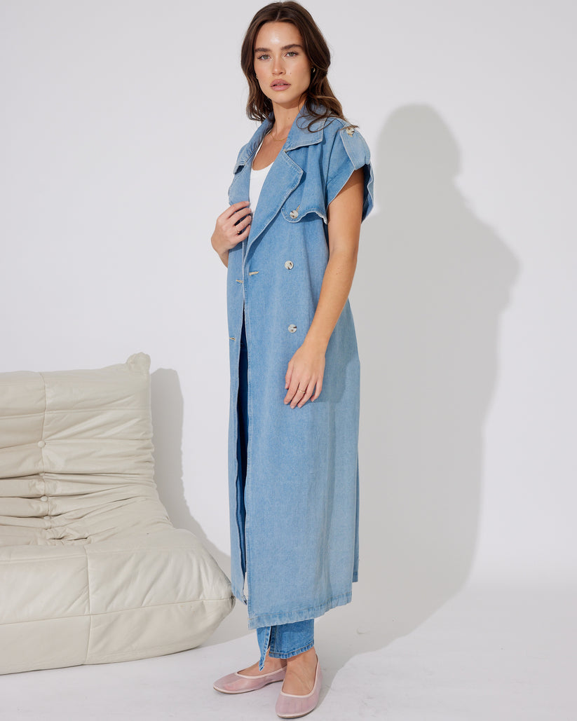 BELLA Blue Denim long line Trench Open Vest or Button Up
