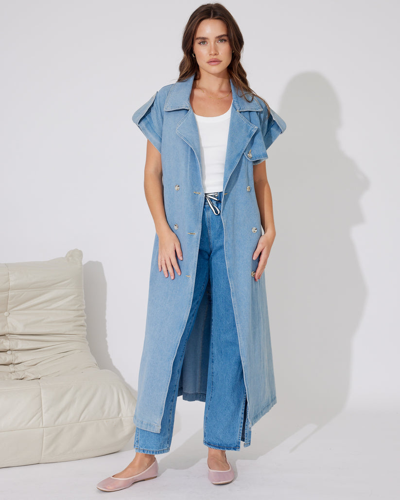 BELLA Blue Denim long line Trench Open Vest or Button Up