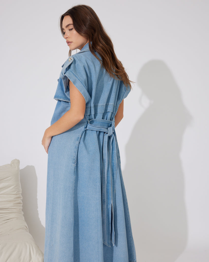 BELLA Blue Denim long line Trench Open Vest or Button Up