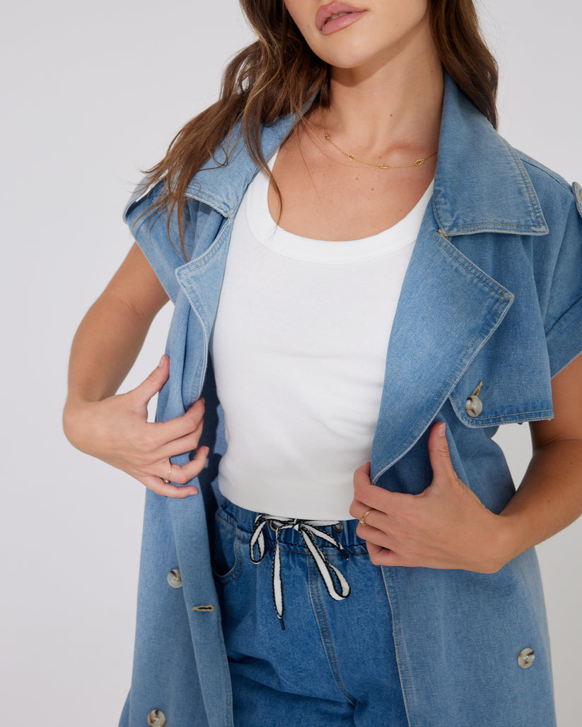 BELLA Blue Denim long line Trench Open Vest or Button Up