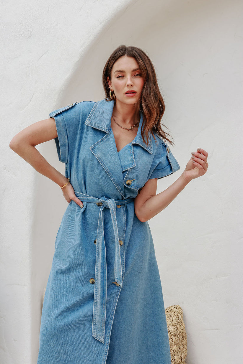 BELLA Blue Denim long line Trench Open Vest or Button Up