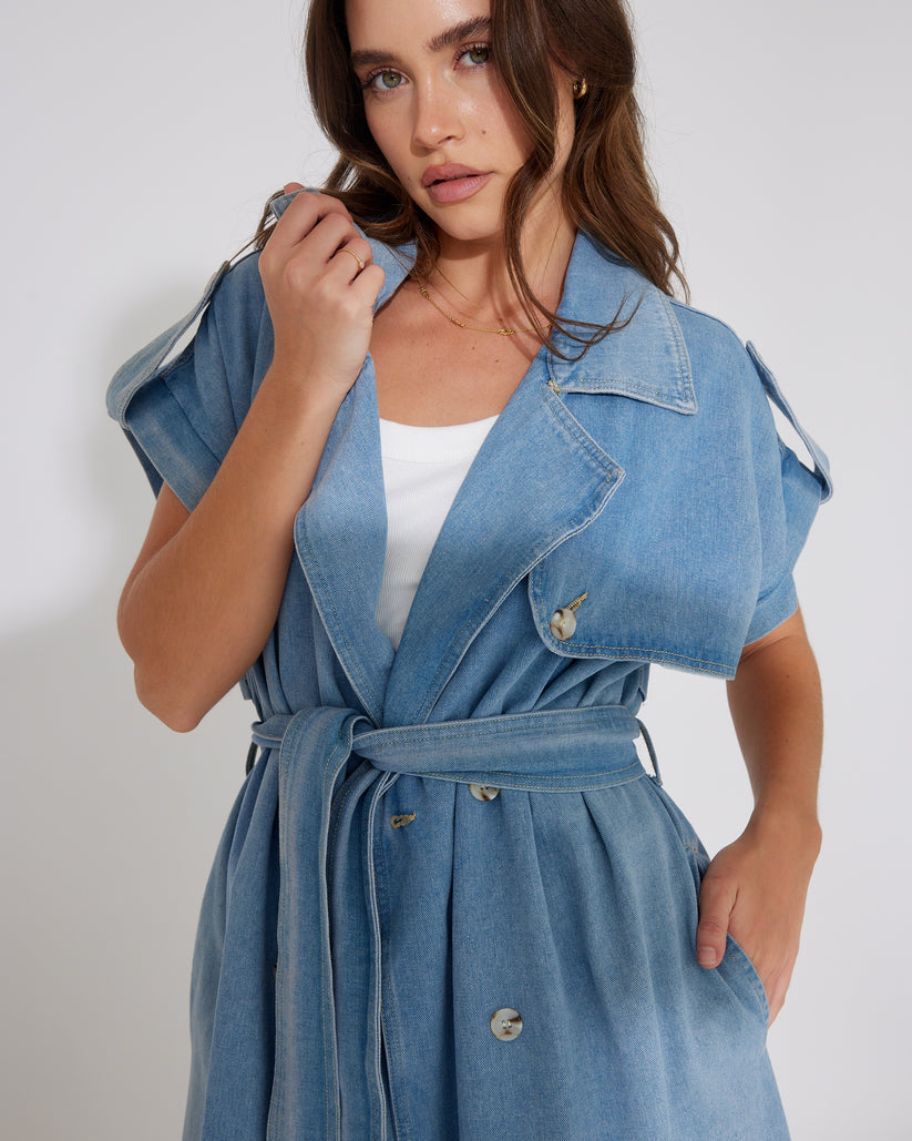 BELLA Blue Denim long line Trench Open Vest or Button Up