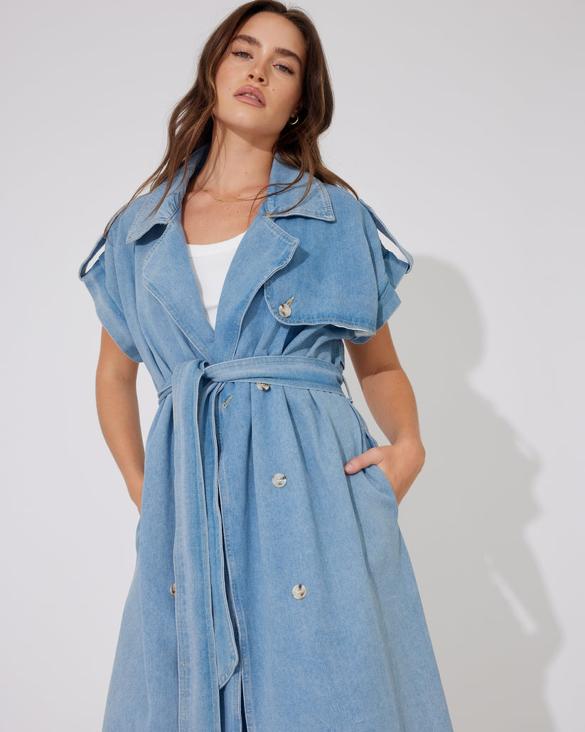 BELLA Blue Denim long line Trench Open Vest or Button Up