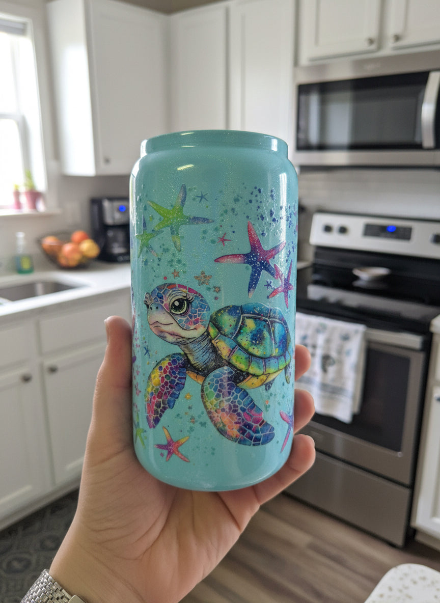 Glitter Turtles Blue Shimmer Cup Handmade Ocean Art Tumbler Glass