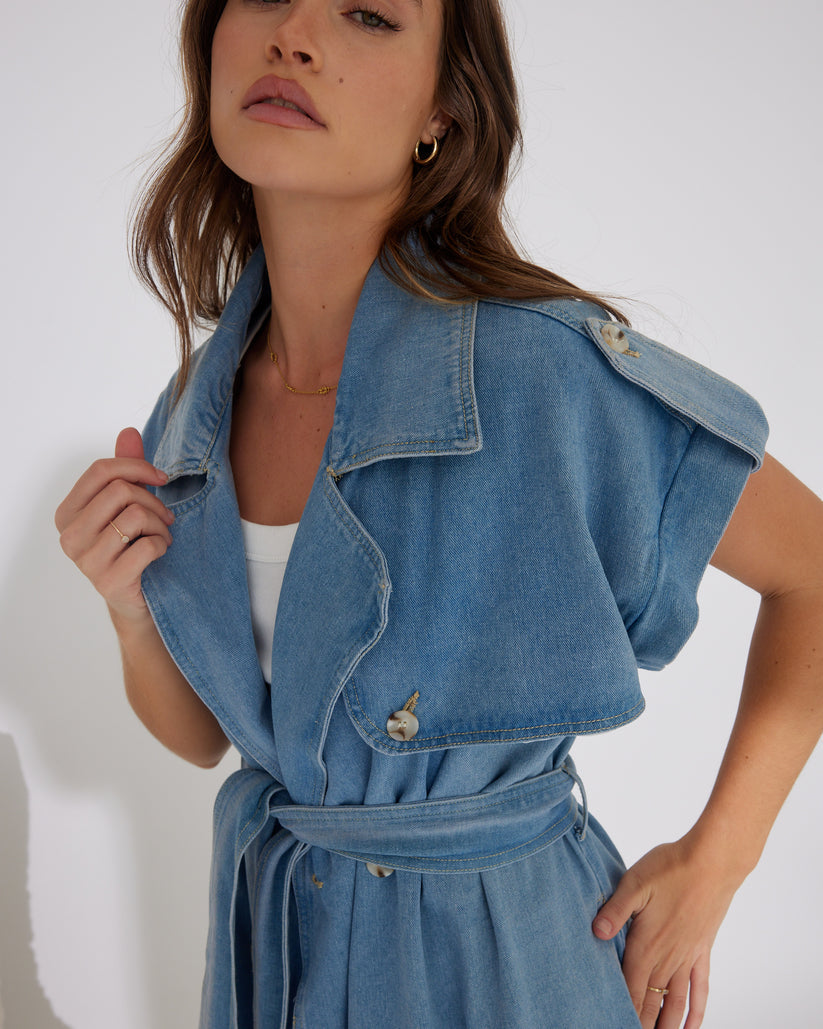 BELLA Blue Denim long line Trench Open Vest or Button Up