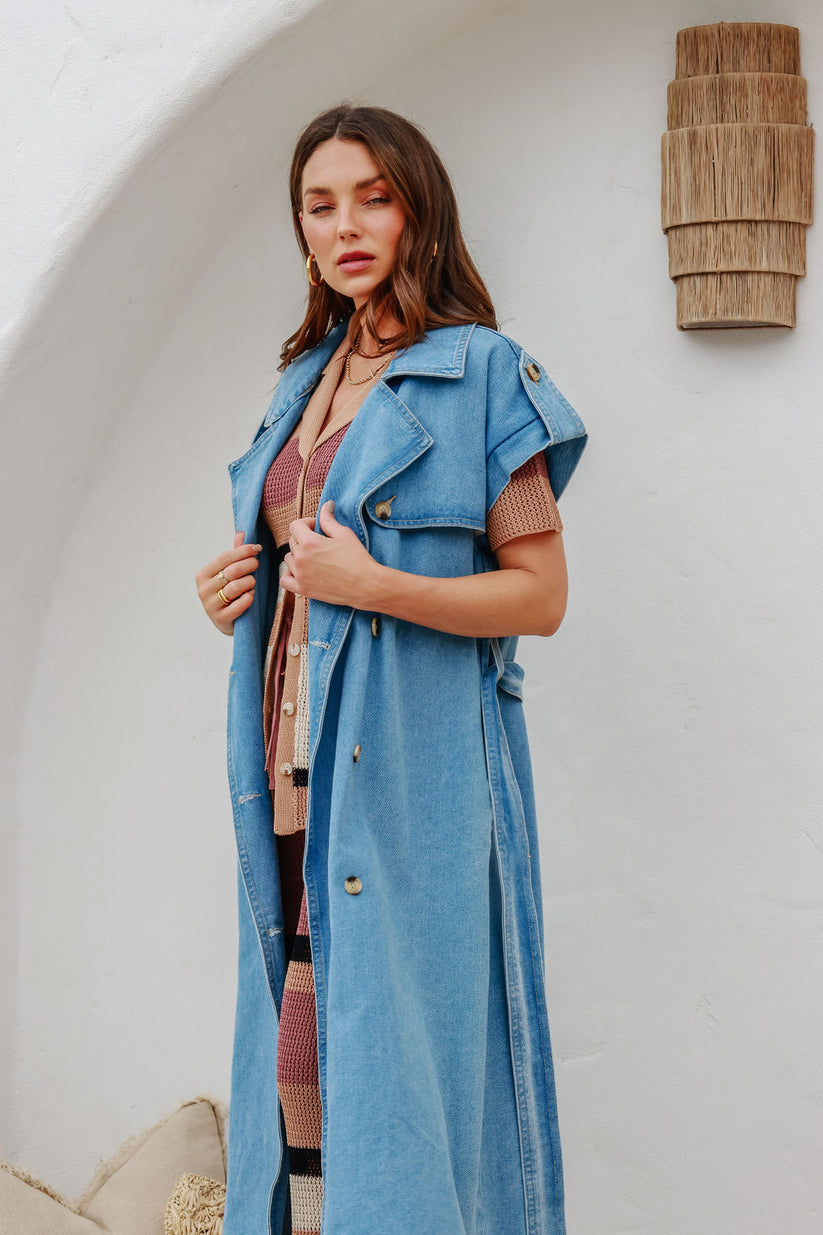 BELLA Blue Denim long line Trench Open Vest or Button Up