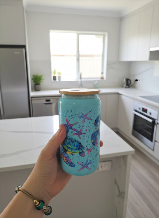 Glitter Turtles Blue Shimmer Cup Handmade Ocean Art Tumbler Glass